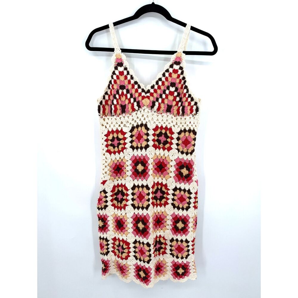 LUCKY BRAND Pink Red Crochet Granny Square Mini Dress Boho Festival Size Medium